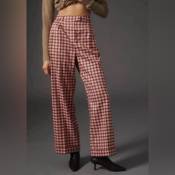 FRNCH Pants - NWT Anthropologie FRNCH Palmer Pink Plaid Wide Leg Trousers XS